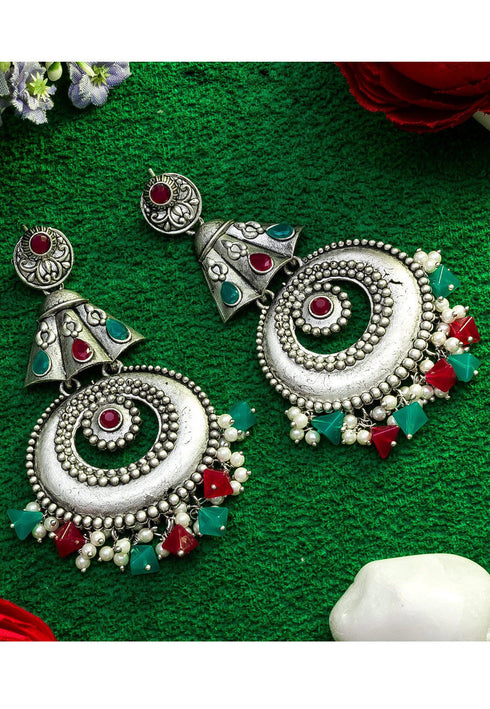 Maroon, Green Stones Studded Oxidised Earrings 25g